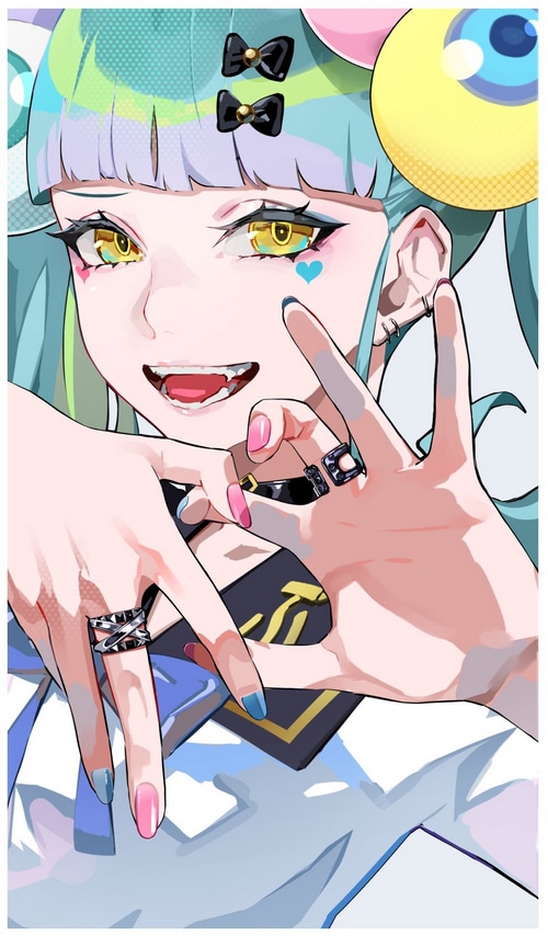 Anime girl with blue hair and yellow eyes