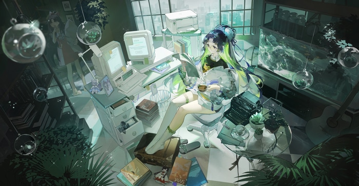 Girl reading in a room with computers