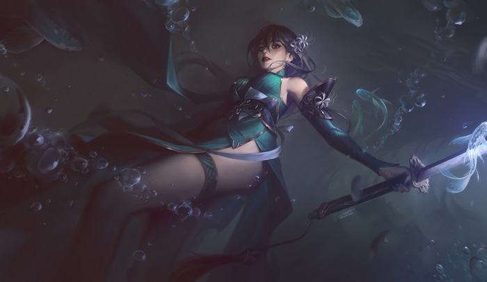 4K underwater scene with a woman holding a sword