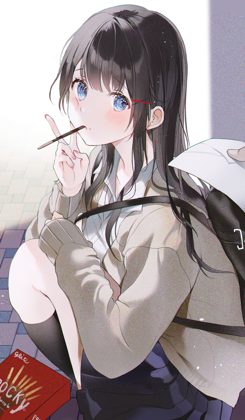 Girl eating Pocky with blue eyes