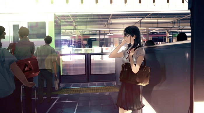 School uniform girl at train station