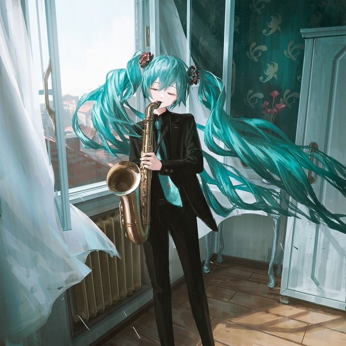Hatsune Miku plays the saxophone in a suit