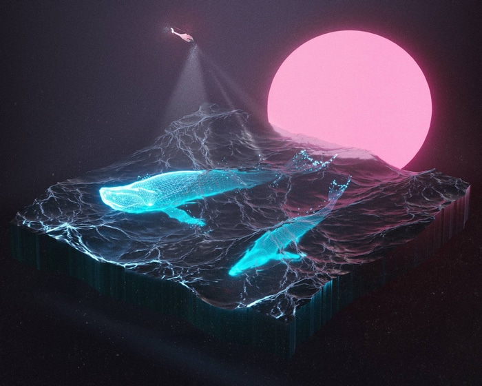 Holographic whales swim in the ocean under a pink sun