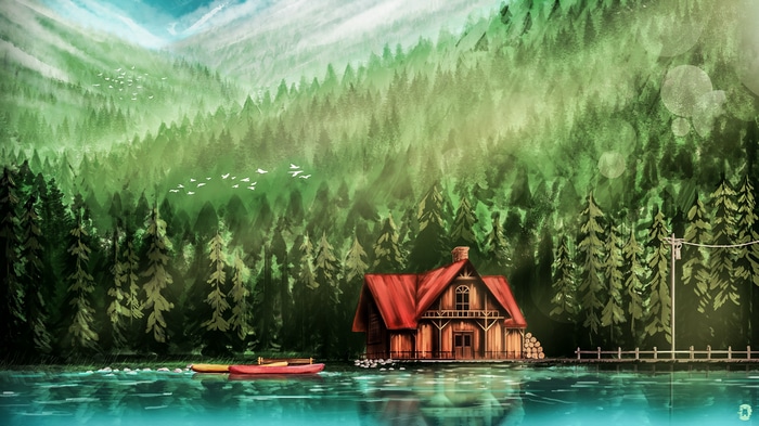 Cabin by a lake in a green forest