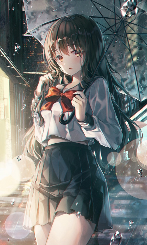 4K anime girl with umbrella in the rain