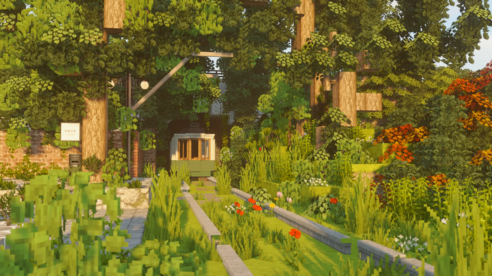 4K Minecraft scene with a tram and overgrown nature