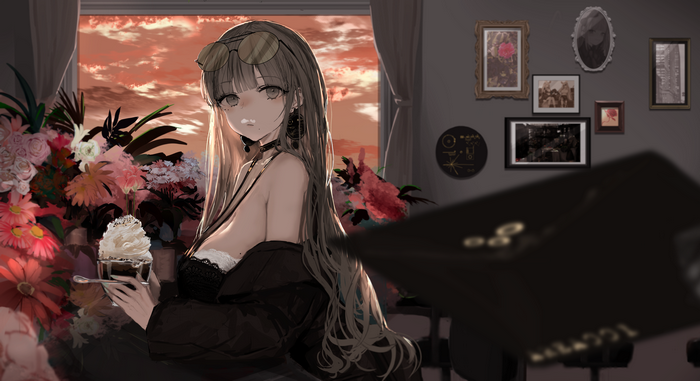 Anime girl with ice cream and flowers