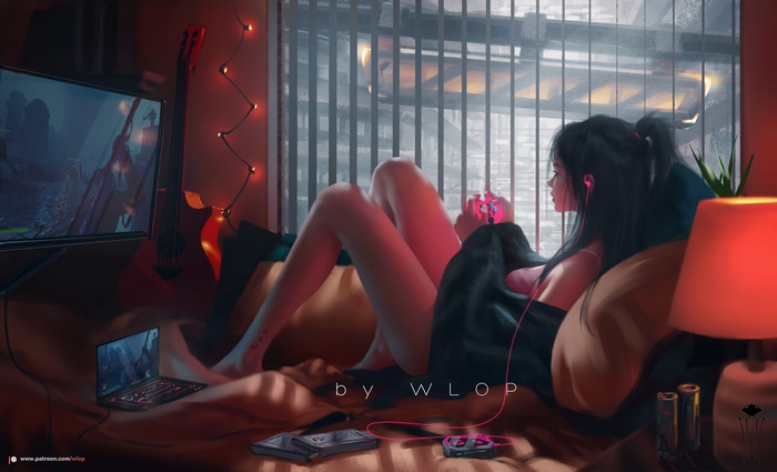 Woman playing video games by WLOP