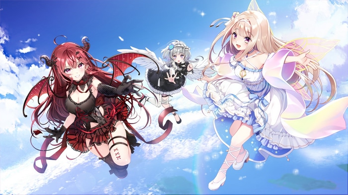 Three anime women with wings in the sky