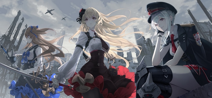 Three anime women with swords in a destroyed city