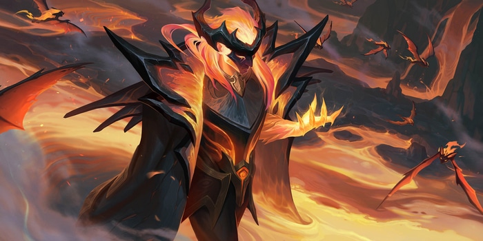 Swain surrounded by dragons in League of Legends art