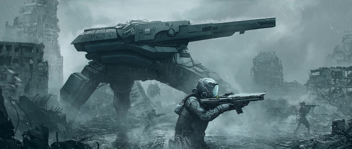 Science fiction battle with futuristic mech and soldiers