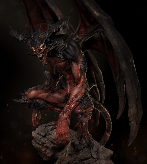 Demon creature with wings and horns on rocks