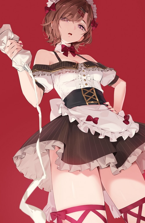 Higuchi Madoka in a maid outfit with purple eyes