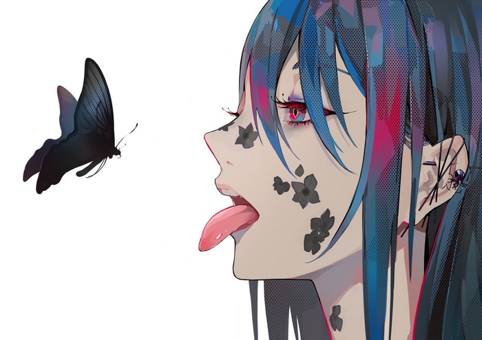 Anime girl with butterfly and spider earring