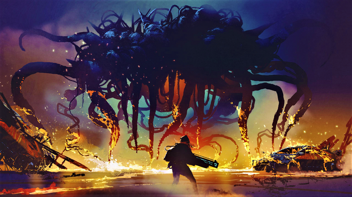 Science fiction creature artwork with a soldier