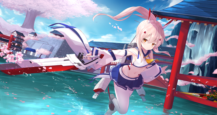 Azur Lane Ayanami with a ship and cherry blossoms