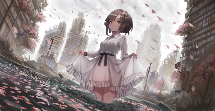 Yu Ni T in a white dress amidst cherry blossoms