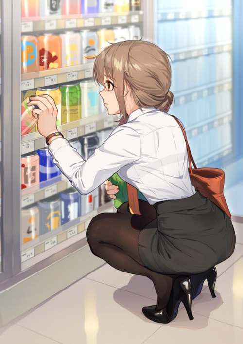 Woman squatting in front of a vending machine