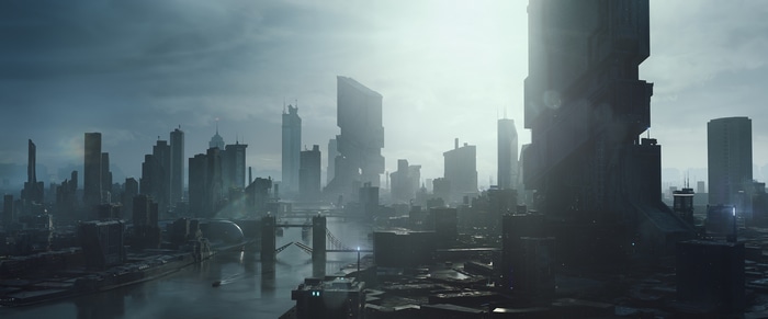 Futuristic cyberpunk city with tall buildings
