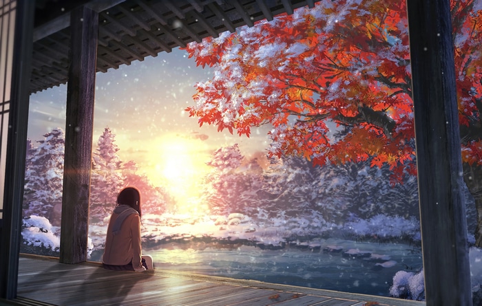 Girl watching sun rays in snow