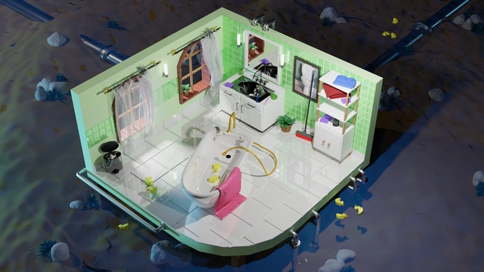 Isometric bathroom with bathtub and sink