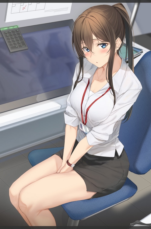 Office girl with ponytail and blue eyes