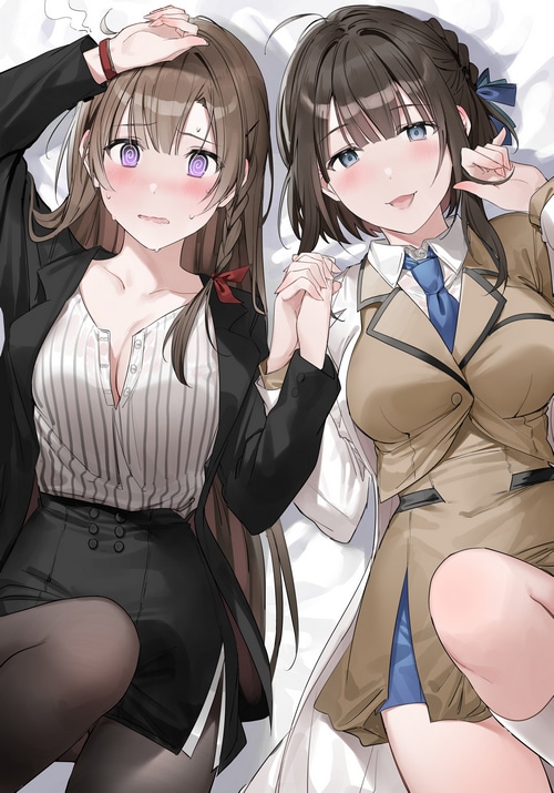 Two anime girls holding hands, one blushing