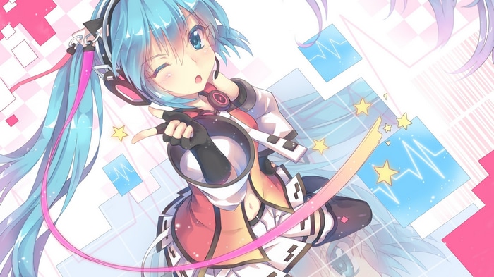 Hatsune Miku singing with headphones and musical notes