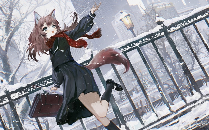 4K Fox Girl in School Uniform in Snow