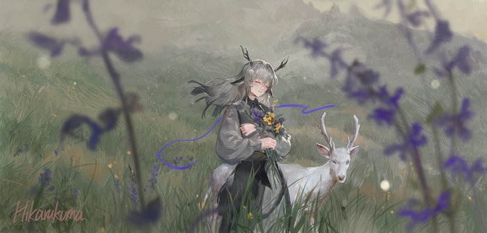 Arknights character with deer in a field