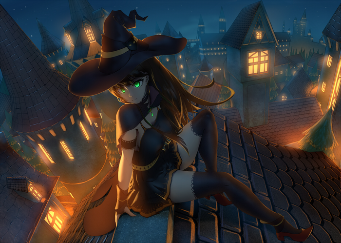 Shibuya Rin as a witch in a Halloween town