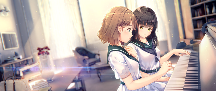 Two girls in school uniforms playing piano