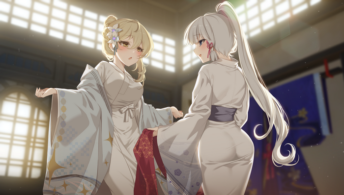 Lumine and Kamisato Ayaka in Japanese clothes