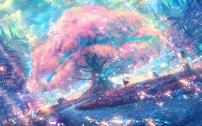 Anime girl under a giant cherry blossom tree in a fantasy city