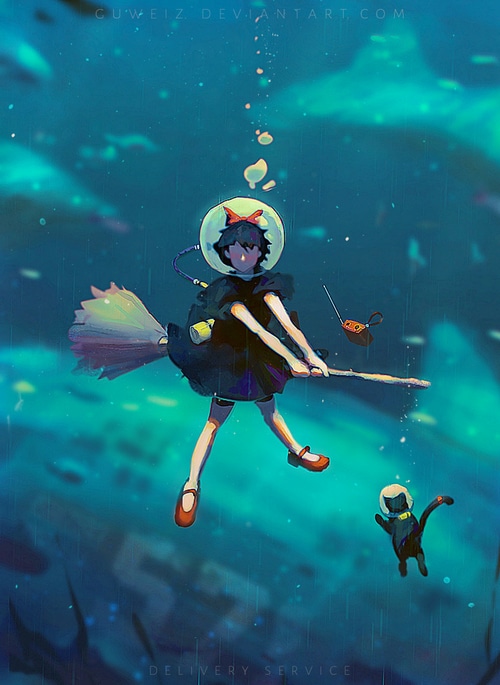 Kiki and Jiji from Kiki's Delivery Service underwater