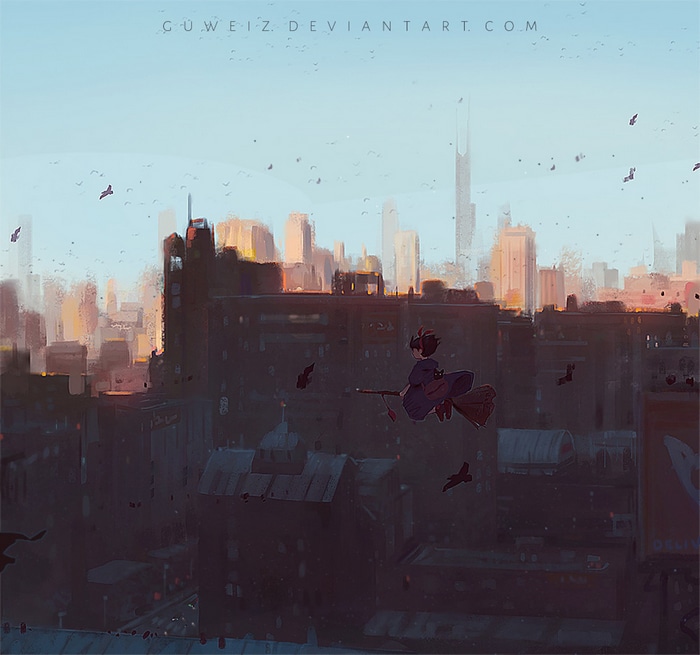 Kiki flying on a broomstick over a city