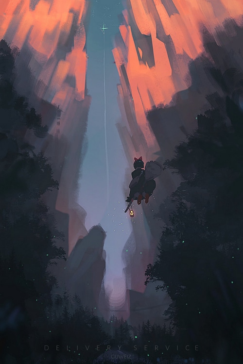 Kiki Flying Through a Canyon at Sunset