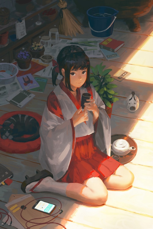 Miko girl with tea and cat by GUWEIZ