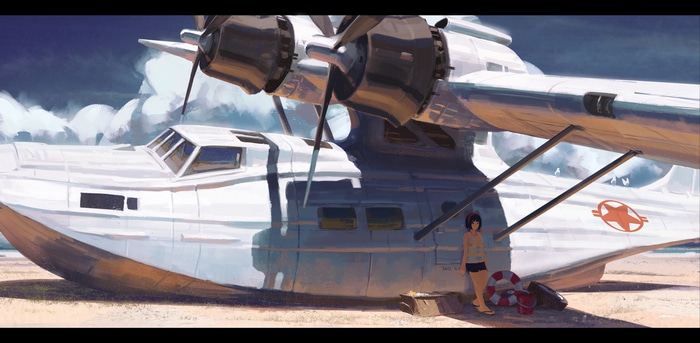 Anime girl and seaplane on a beach
