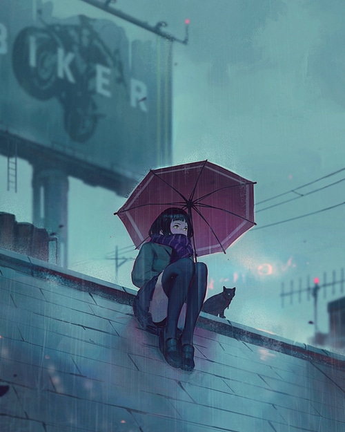Girl with umbrella and cat in the rain