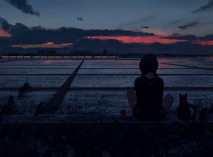Girl and cat watch sunset over rice fields
