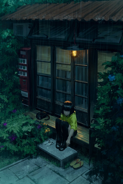 Girl sitting in the rain by a vending machine