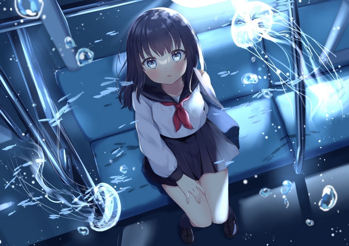 Schoolgirl on a train with fish and jellyfish