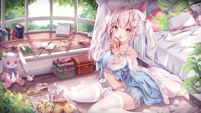 Anime girl with fox ears eating a sandwich