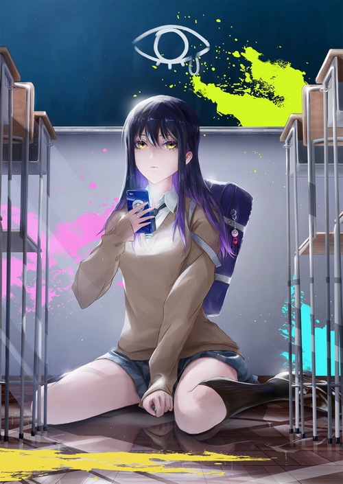 Miko Yotsuya holding a phone in a classroom