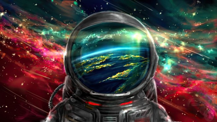 4K Astronaut Reflecting Planet in Space Art