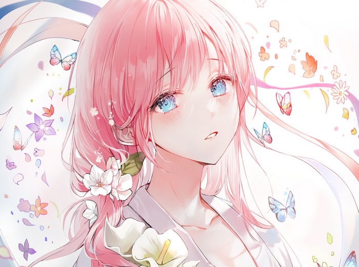 Anime girl with pink hair and blue eyes surrounded by butterflies and flowers