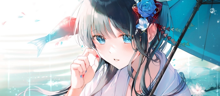 Girl with dark hair and blue eyes holding an umbrella