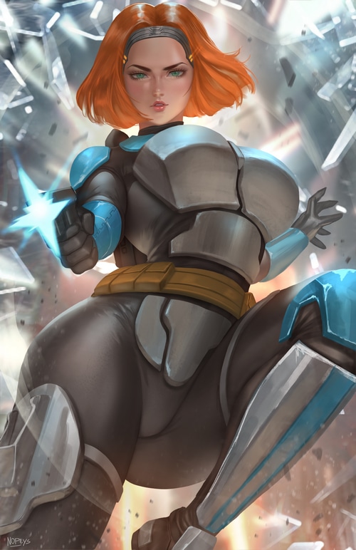 Bo-Katan Kryze firing a blaster in Star Wars fan art